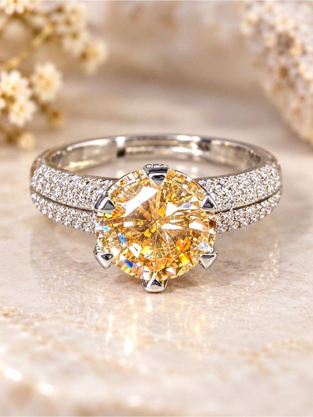 🥂 Champagne CZ Split Shank Adjustable Statement Ring Silver Tone 🥂